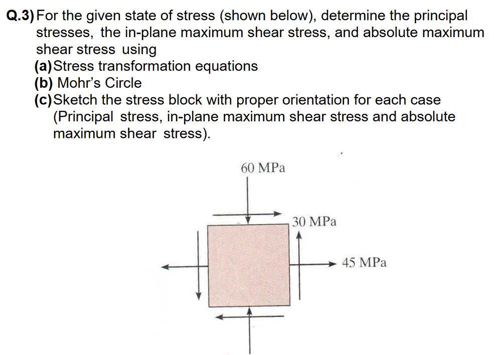 Solved Q.3) For The Given State Of Stress (shown Below), | Chegg.com