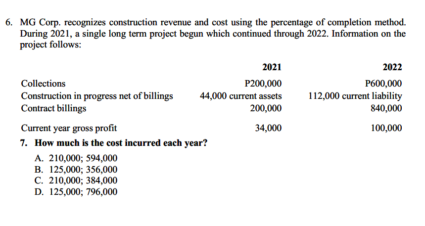 Solved 6. MG Corp. recognizes construction revenue and cost | Chegg.com