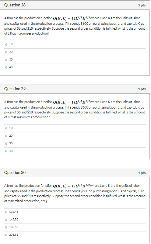 Solved Question 28 1 pts Afirm has the production function | Chegg.com