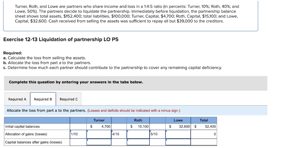 Solved Turner, Roth, and Lowe are partners who share