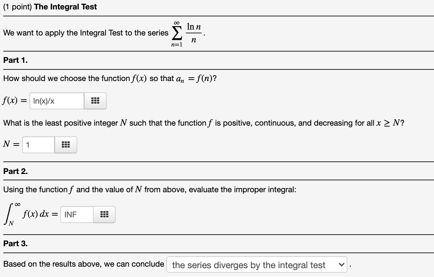 Solved (1 point) The Integral Test Inn We want to apply the | Chegg.com