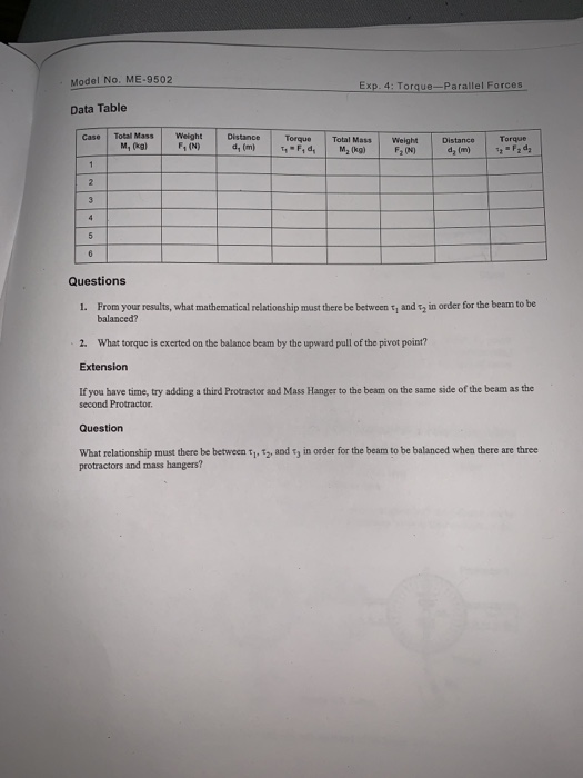 Solved Exp. 4: Torque-Parallel Forces Model No. ME-9502 Exp. | Chegg.com