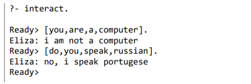 ?- interact. Ready> [you, are, a, computer). Eliza: i am not a computer Ready> [do, you, speak, russian]. Eliza: no, i speak