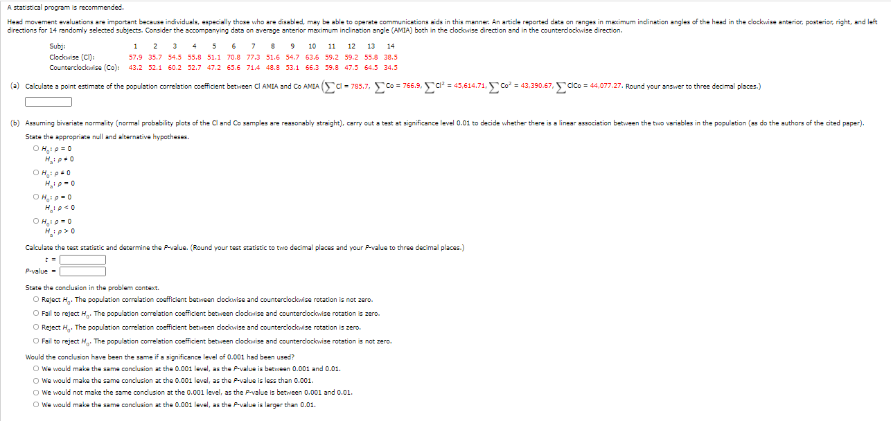 Solved A statistical program is recommended. Head movement | Chegg.com