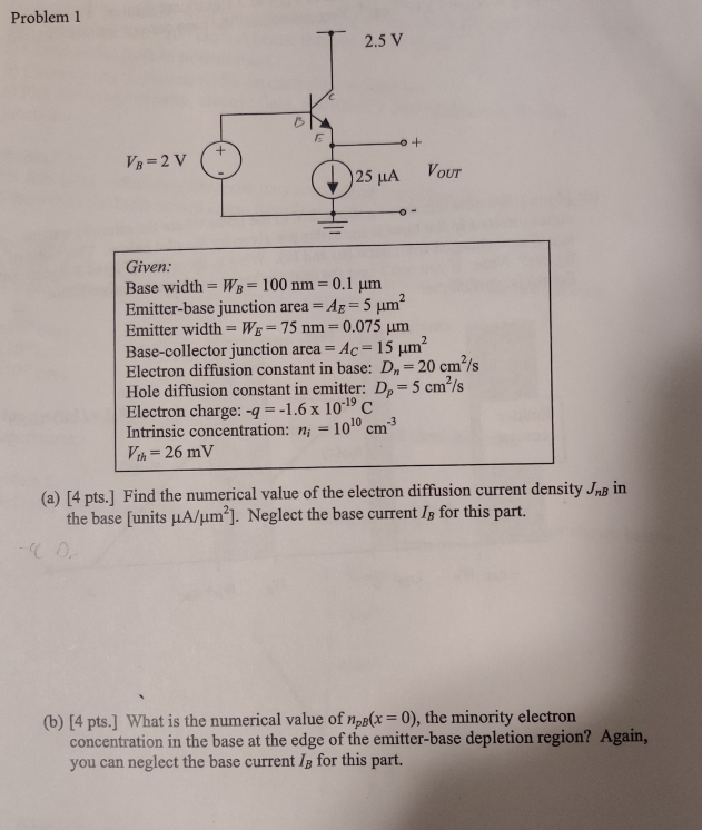 Problem 1 Given: Base width =WB=100 nm=0.1μm | Chegg.com