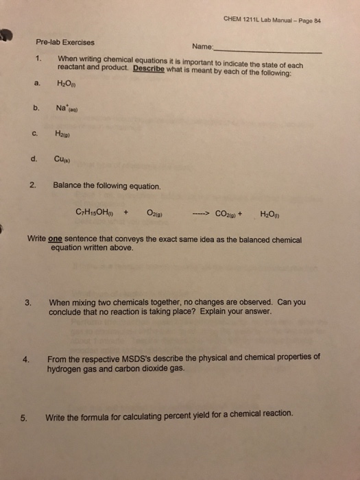 Solved CHEM 1211L Lab ManualPage 84 Prelab Exercises Name