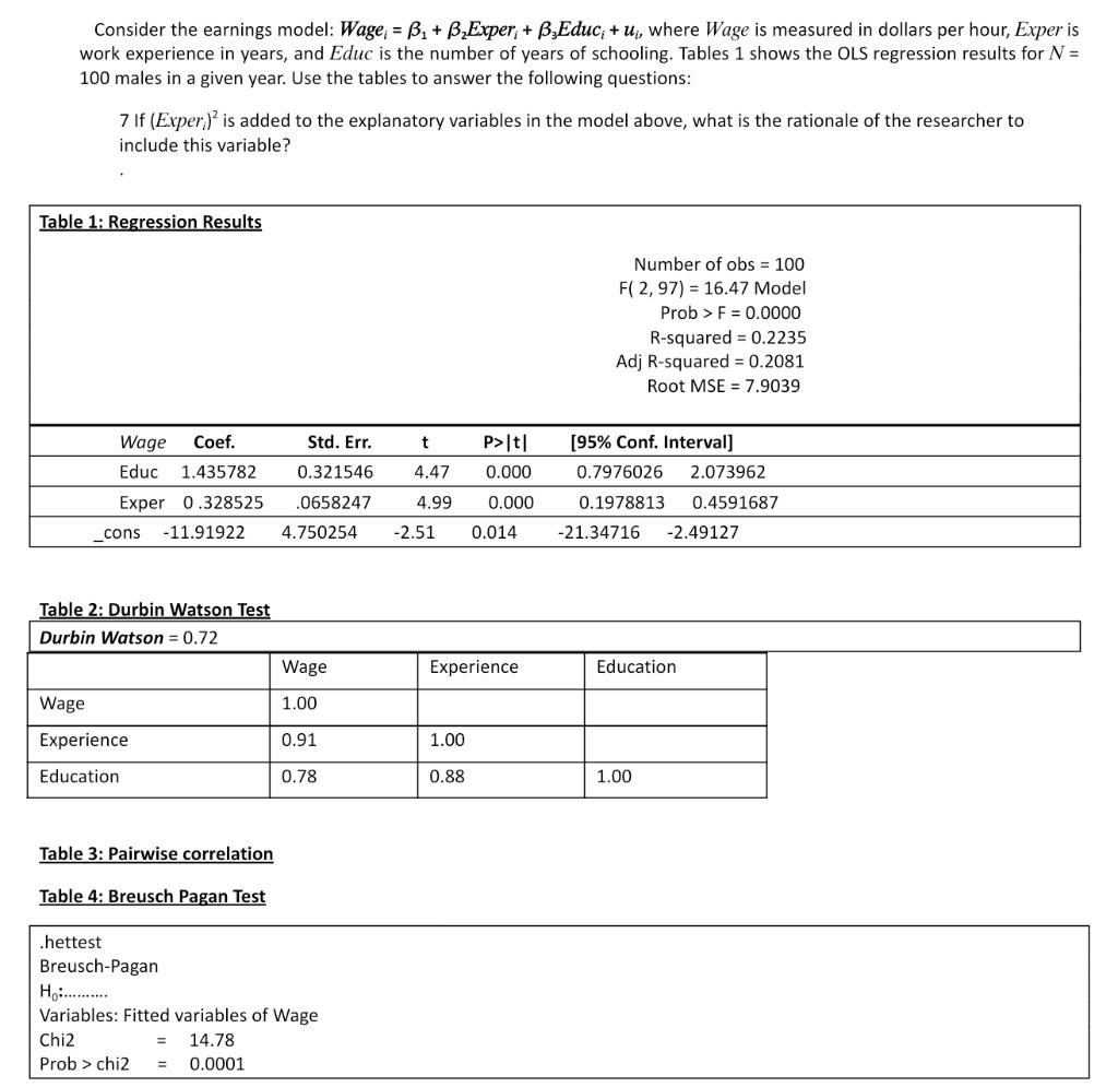 Solved Consider The Earnings Model: Wage; = B. + B Exper; + | Chegg.com