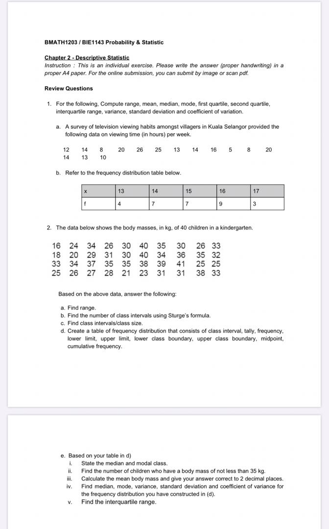 BMATH1203 / BIE1143 Probability & Statistic Chapter 2 | Chegg.com