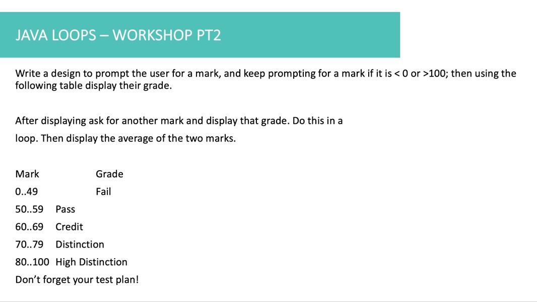 Solved JAVA LOOPS - WORKSHOP PT2 Write a design to prompt | Chegg.com