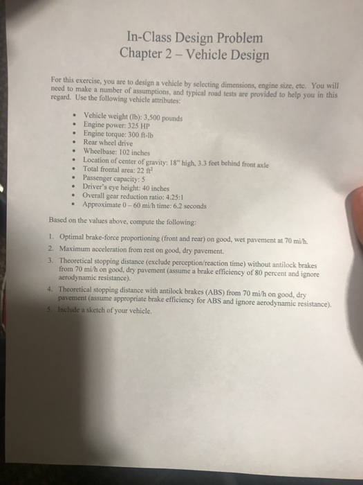 Solved In-Class Design Problem Chapter 2-Vehicle Design For | Chegg.com