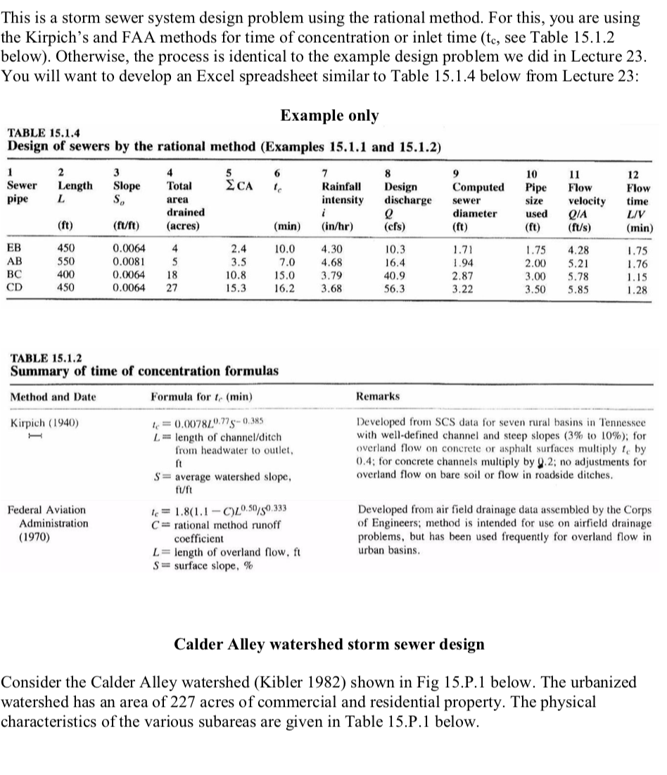 This is a storm sewer system design problem using the rational method. For this, you are using the Kirpichs and FAA methods