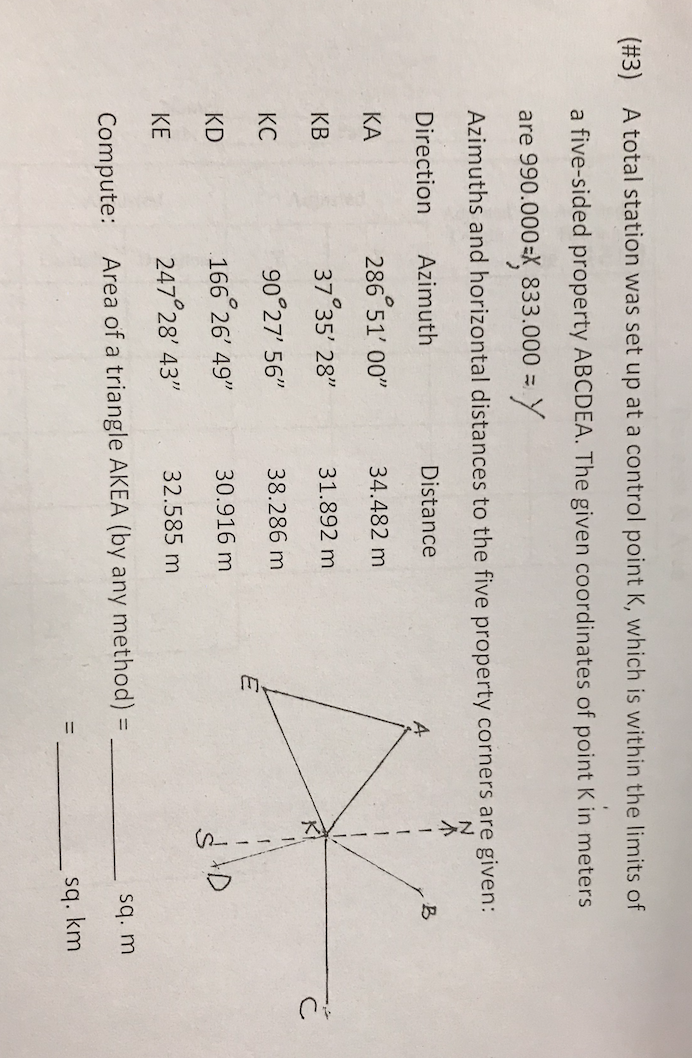 Solved (#3) A total station was set up at a control point K, | Chegg.com