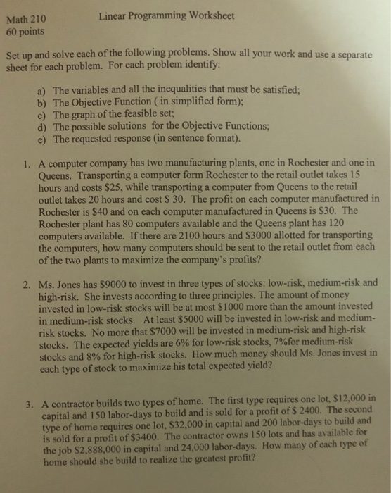 Solved Linear Programming Worksheet Math 210 60 points Set | Chegg.com