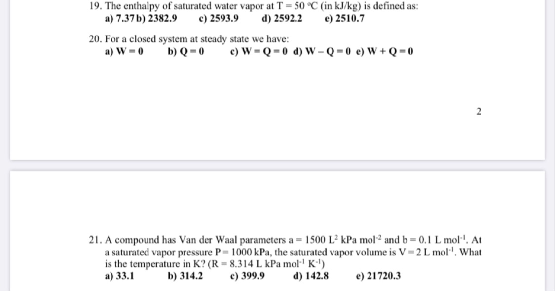Solved 19. The enthalpy of saturated water vapor at T = 50