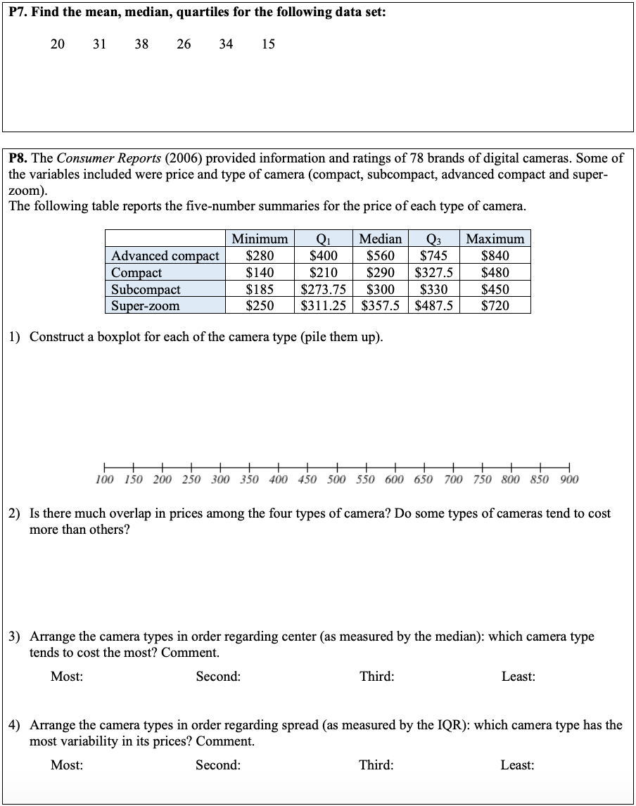 Solved P7. Find the mean, median, quartiles for the | Chegg.com