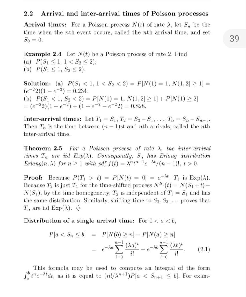 2.2 Arrival and inter-arrival times of Poisson | Chegg.com