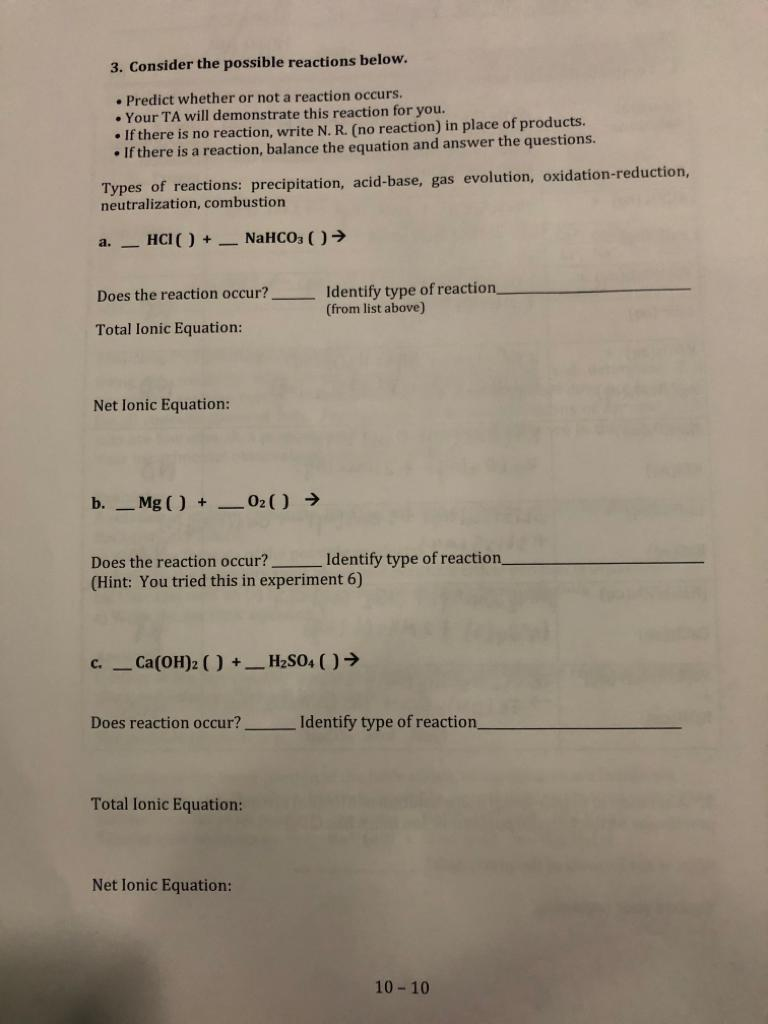 Solved 3. Consider the possible reactions below. • Predict | Chegg.com