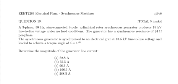 Solved EEET2263 Electrical Plant - Synchronous Machines q170 | Chegg.com