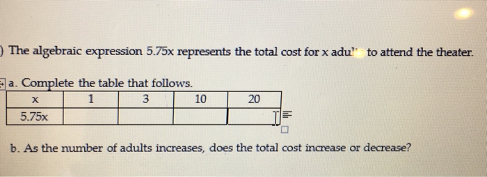 Solved The algebraic expression 5.75x represents the total | Chegg.com