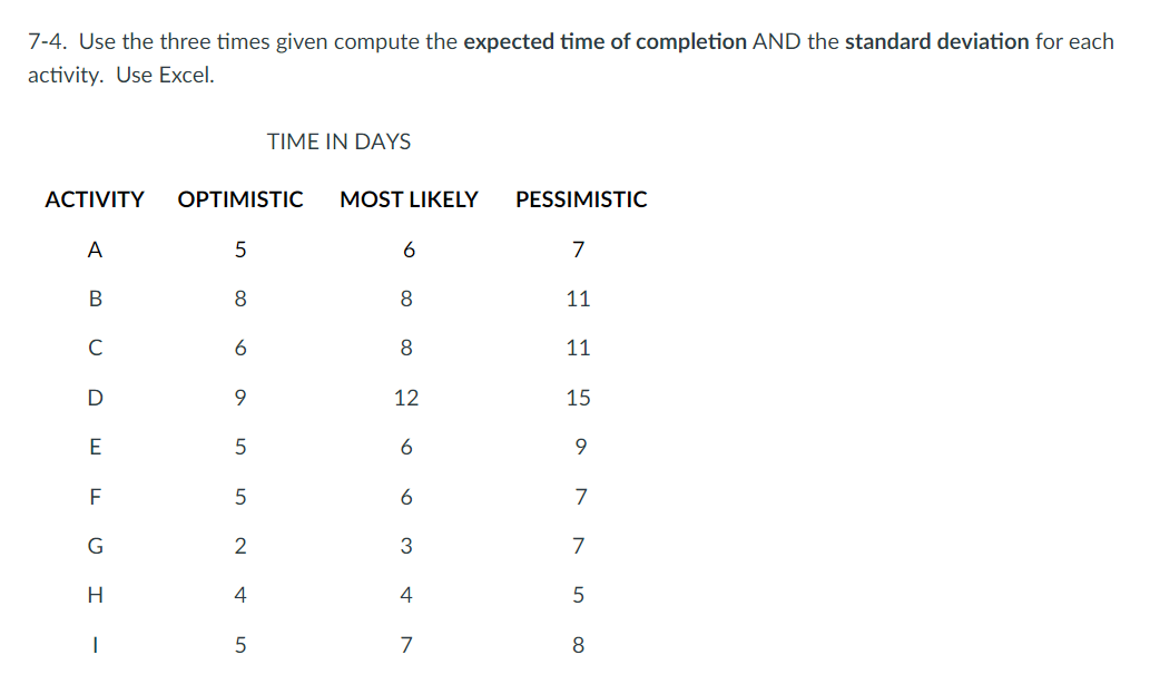 Solved 7-4. Use the three times given compute the expected | Chegg.com