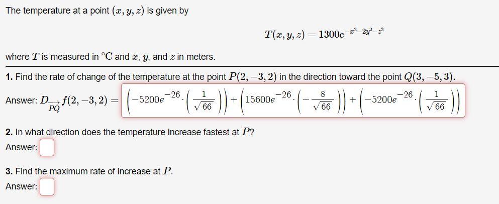 Solved The temperature at a point (x, y, z) is given by y, | Chegg.com