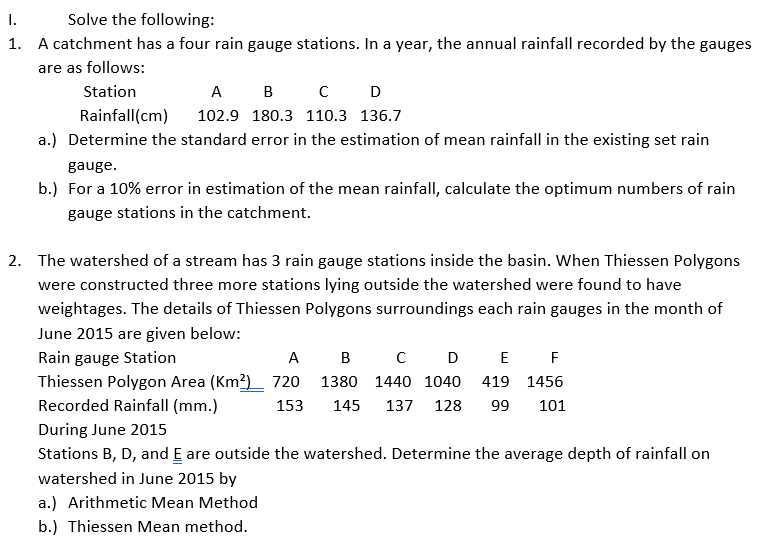 Solved I. Solve the following 1. A catchment has a four
