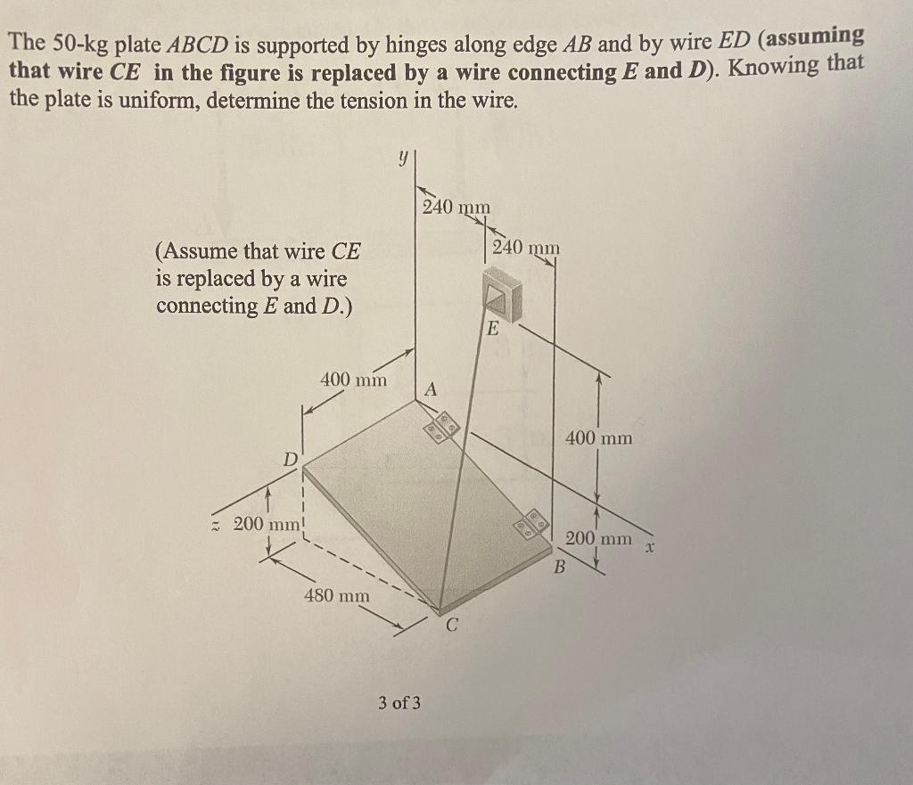 Solved The 50-kg plate ABCD is supported by hinges along | Chegg.com