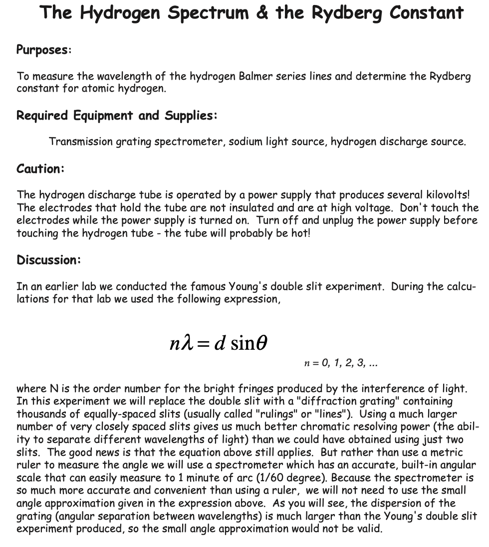 rydberg constant hydrogen spectrum experiment