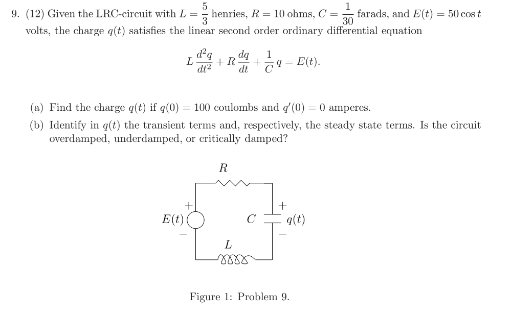 Solved 9. (12) Given the LRC circuit with L henries, R-10 | Chegg.com