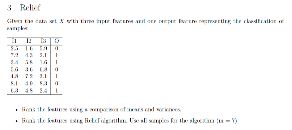 Solved 3 Relief Given the data set X with three input | Chegg.com