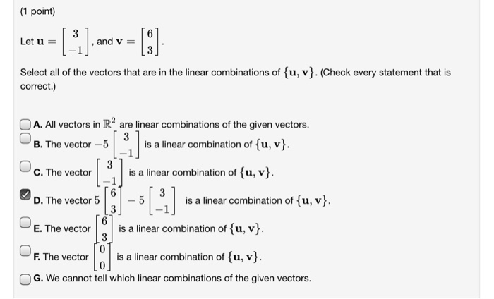 Solved (1 point) Let u , and v Select all of the vectors | Chegg.com