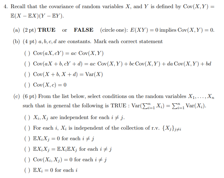 Solved 4. Recall that the covariance of random variables X, | Chegg.com