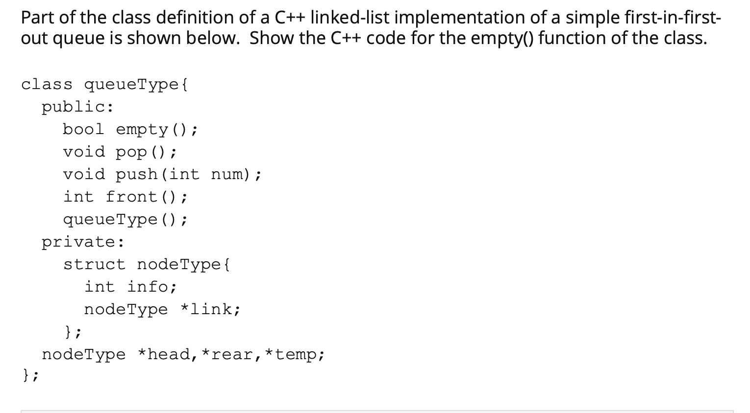 Solved Part of the class definition of a C++ linked-list | Chegg.com