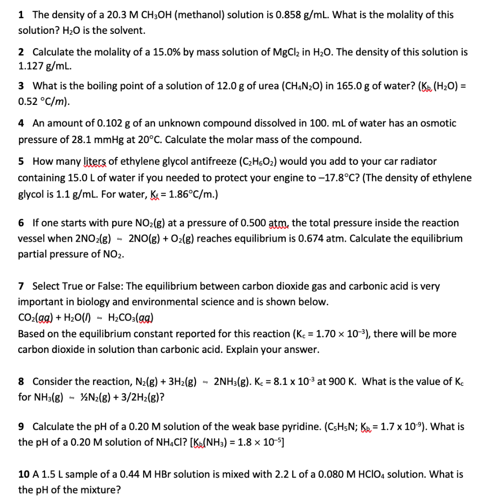 Solved 1 The density of a 20.3 M CH3OH (methanol) solution | Chegg.com