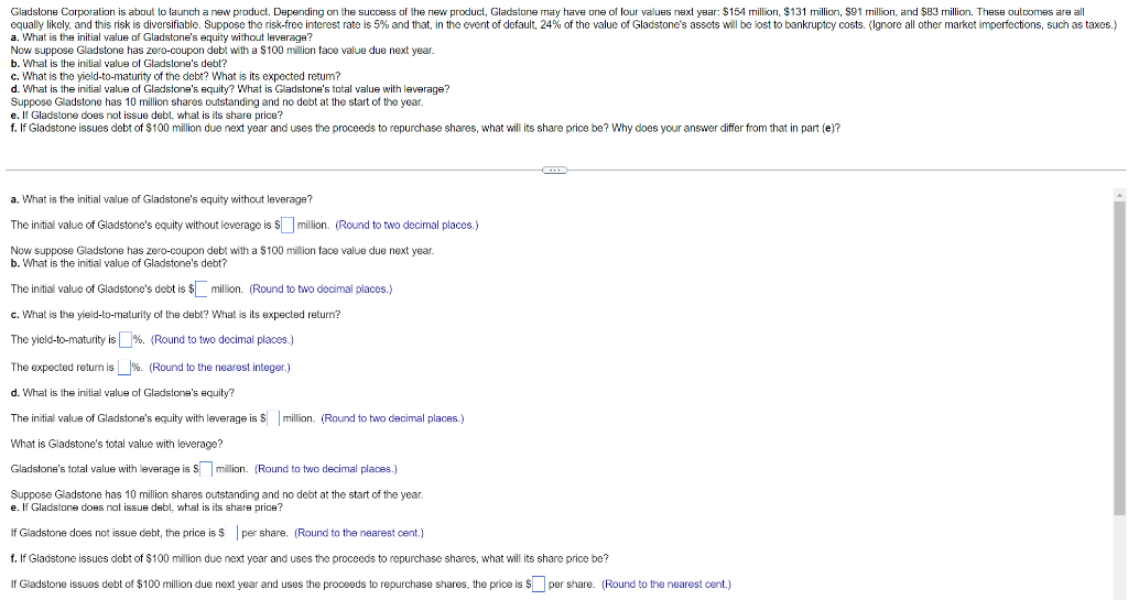 Solved a. What is the initial value of Gladstone's equity