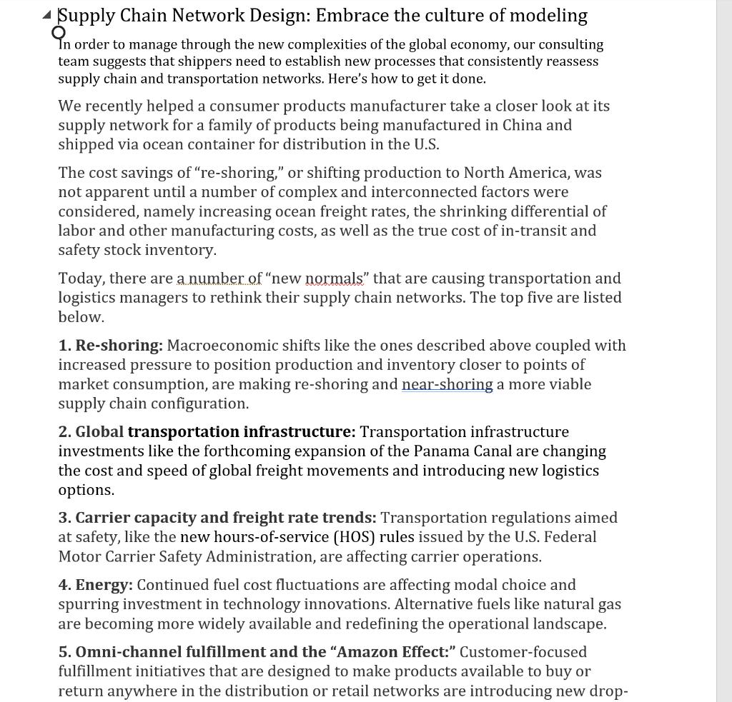 Solved Supply Chain Network Design Embrace The Culture Of Chegg