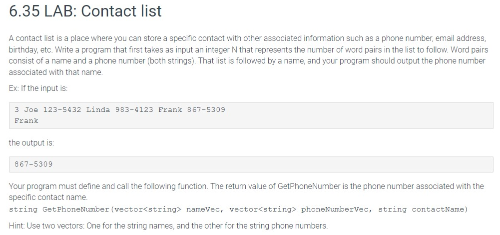 Solved 6.35 LAB: Contact list A contact list is a place | Chegg.com