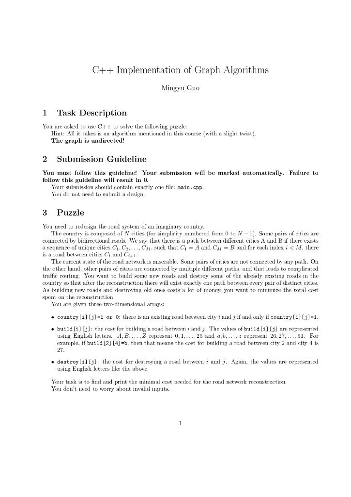 C++ Implementation of Graph Algorithms Mingyu Guo 1 | Chegg.com