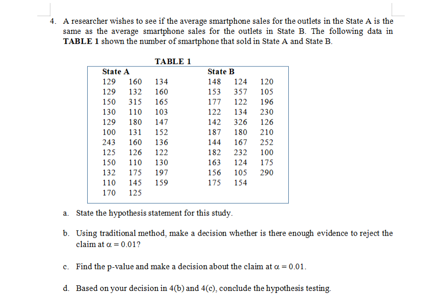 Solved 4. A researcher wishes to see if the average | Chegg.com