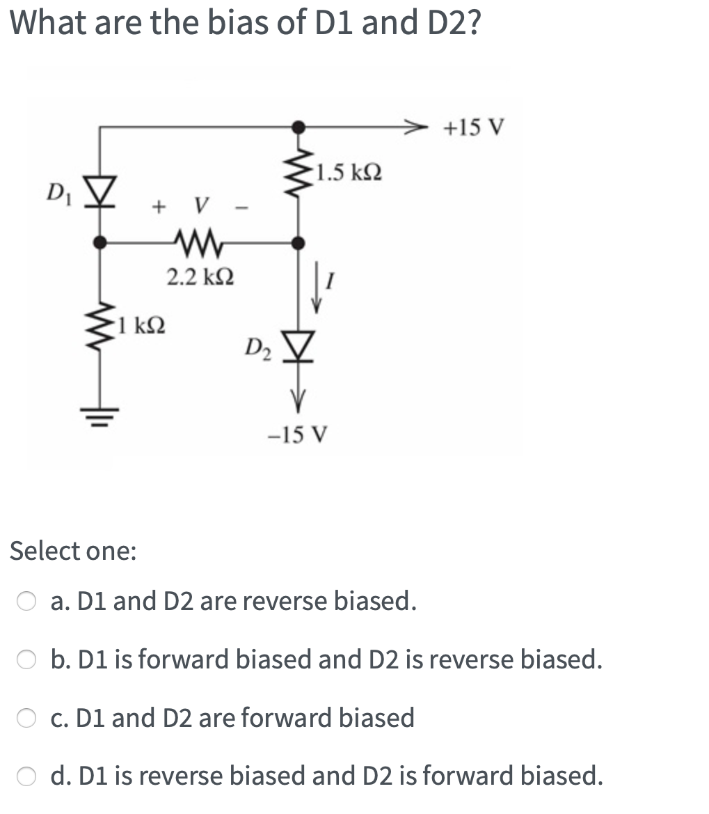 Solved What are the bias of D1 and D2? +15 V 1.5 k92 + V - | Chegg.com
