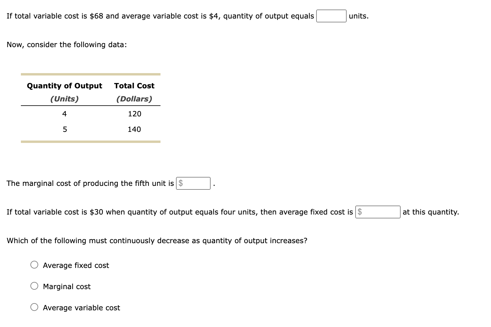 Solved If Total Variable Cost Is 68 ﻿and Average Variable 0765