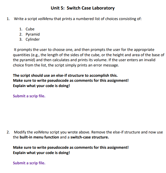 Solved Unit 5: Switch Case Laboratory 1. Write a script | Chegg.com