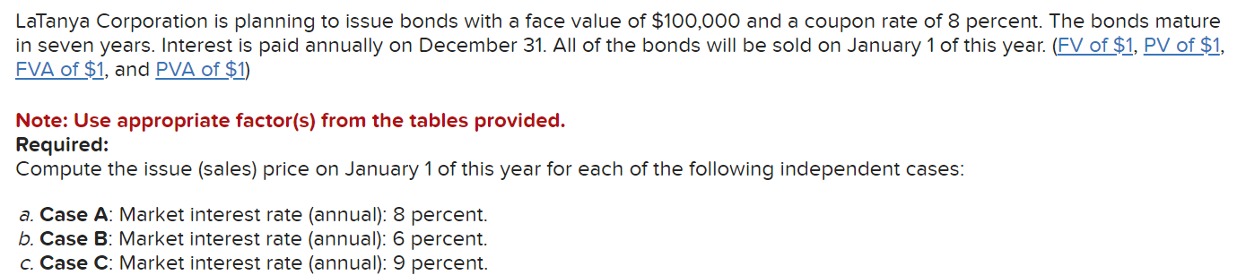 Solved LaTanya Corporation is planning to issue bonds with a | Chegg.com