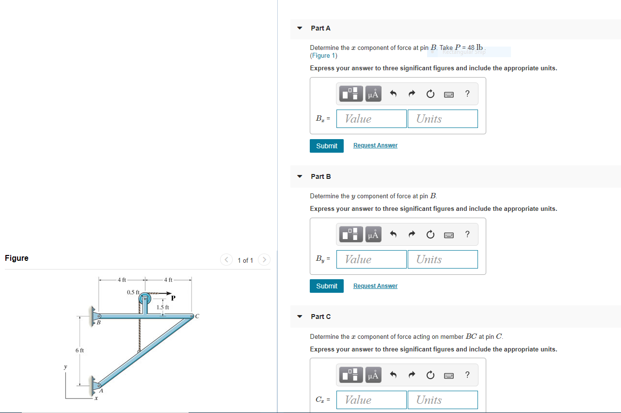 Solved Part A Determine the component of force at pin B. | Chegg.com
