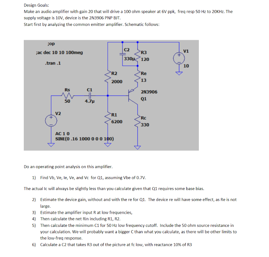 Solved Design Goals: Make an audio amplifier with gain 20 | Chegg.com