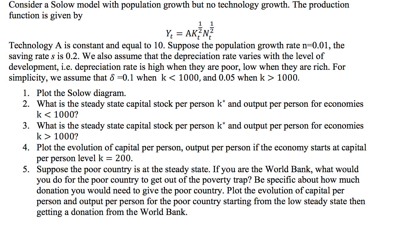 Solved Consider a Solow model with population growth but no | Chegg.com