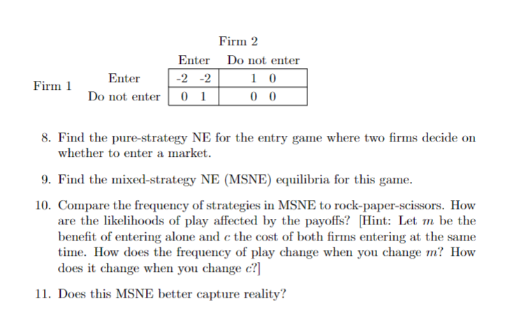 Solved 8. Find the pure-strategy NE for the entry game where | Chegg.com