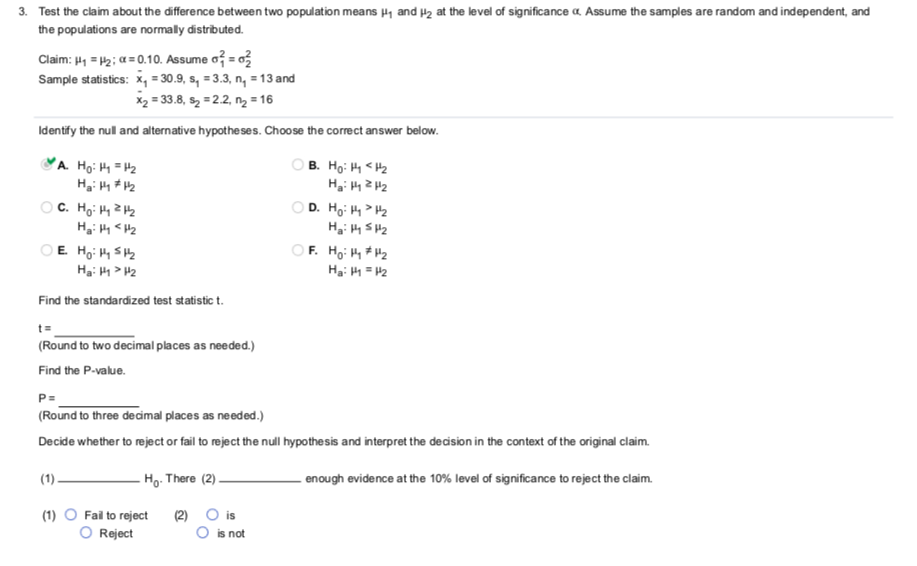 Solved 3. Test the claim about the difference between two | Chegg.com