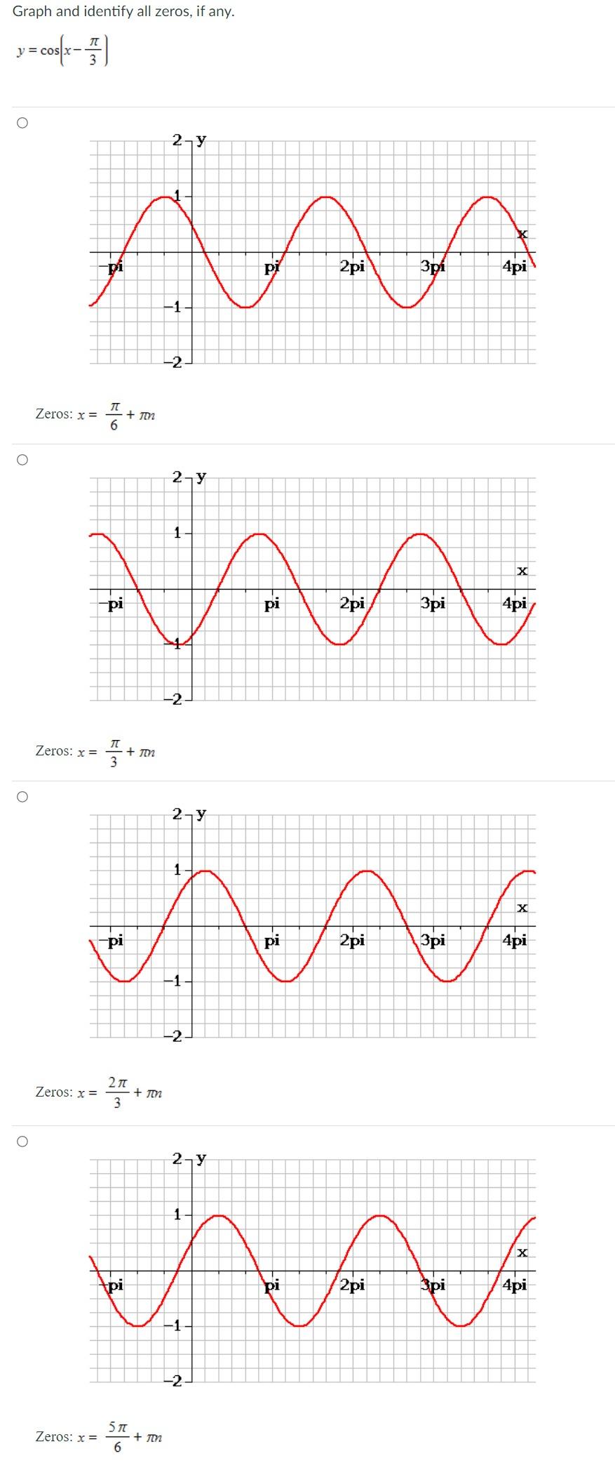 Solved Graph and identify all zeros, if any. y=cos(x−3π) | Chegg.com