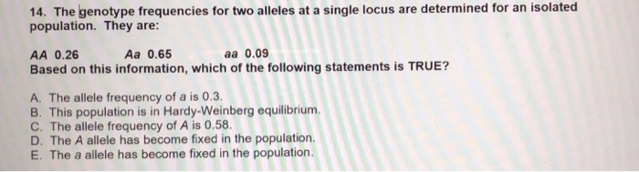 Solved 14. The genotype frequencies for two alleles at a | Chegg.com